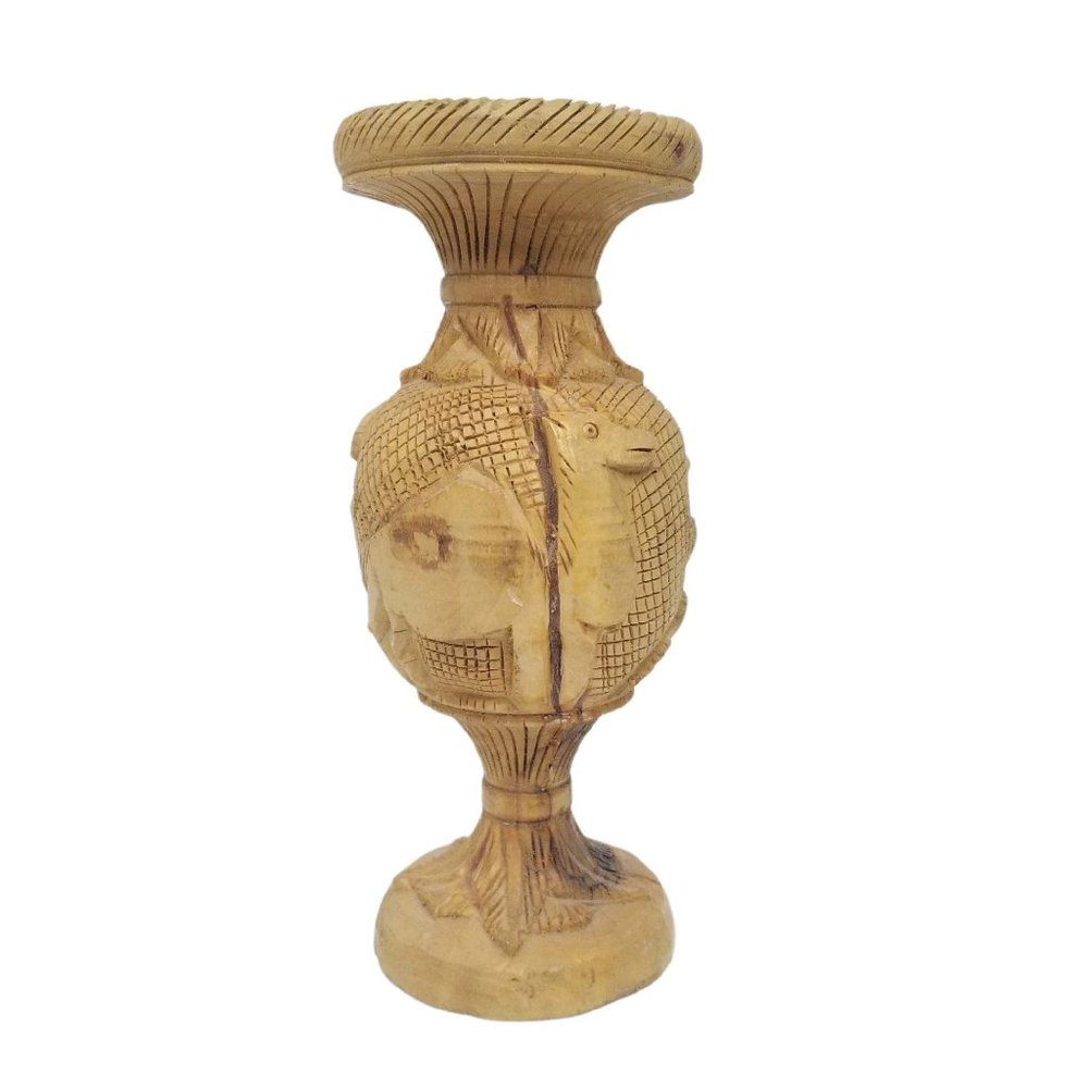 Vintage Hand Carved Wooden Vase Camel Palm Tree 3D